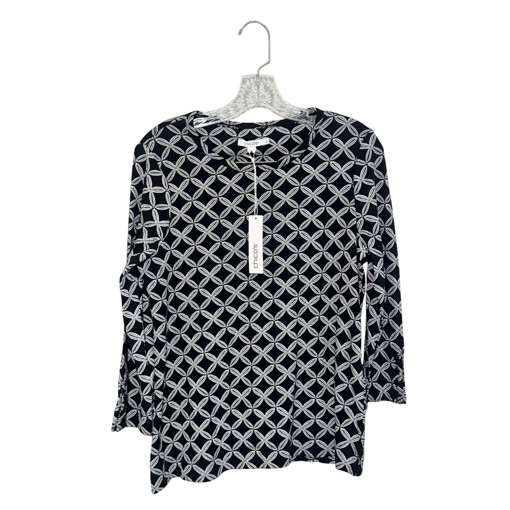 Chico's Pima Trellis Everyday Tee Black White 3/4 Sleeve Top 570349708 Size 1 M